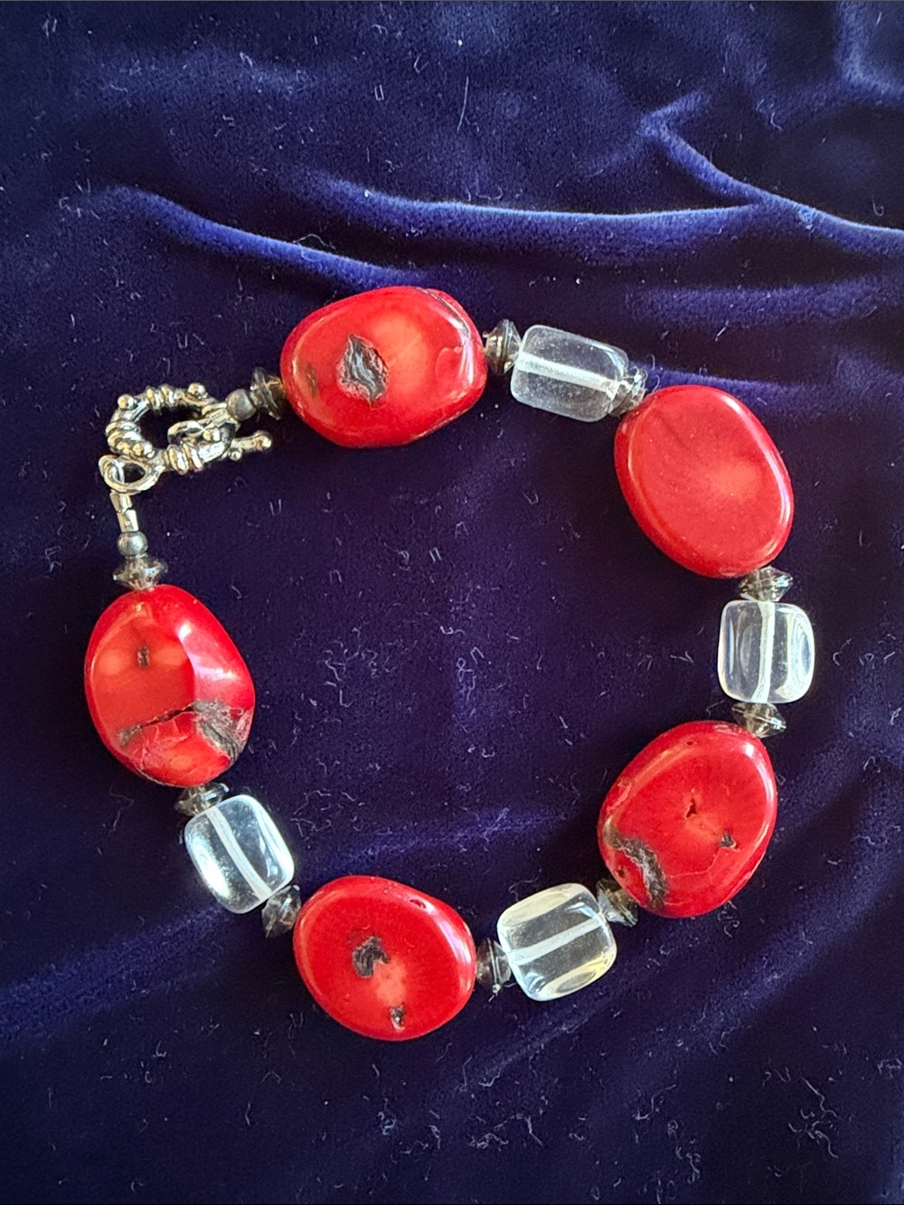Red Carol Beaded Bracelet with Clear Accent Beads